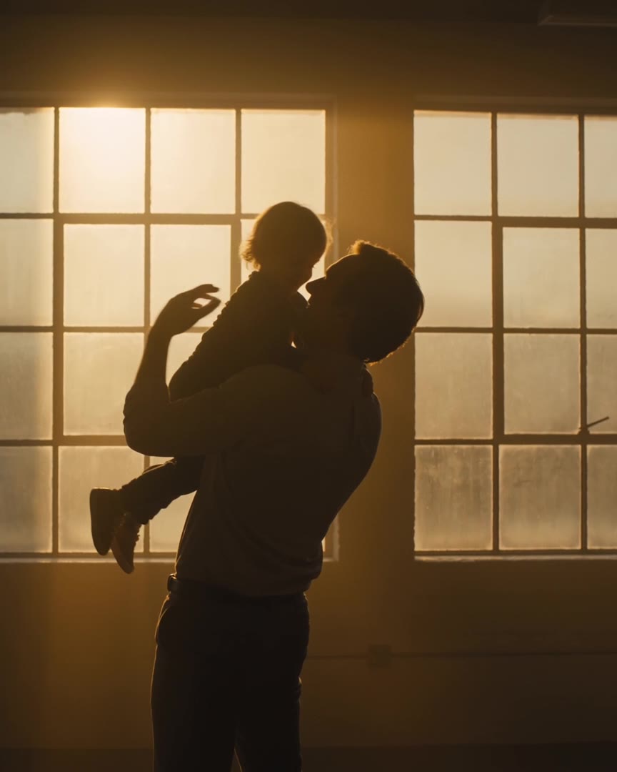 A father lifting his young child in golden evening light